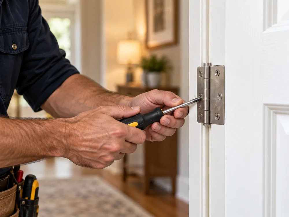 Handyman adjusting the hinge on an interior door