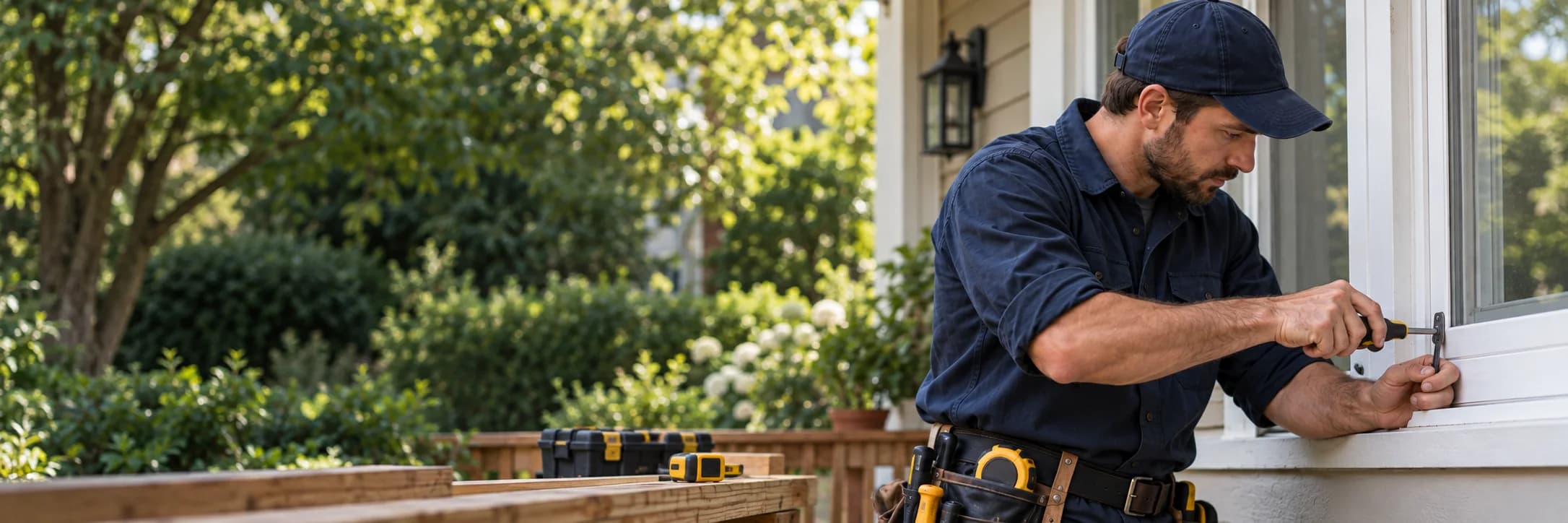 Handyman repairing a window frame outside a home