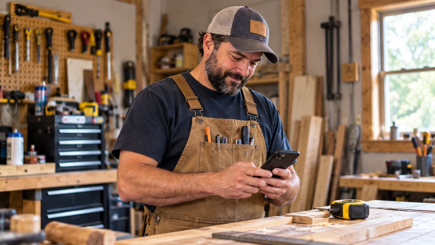 Independent handyman checking his phone at a workshop workbench