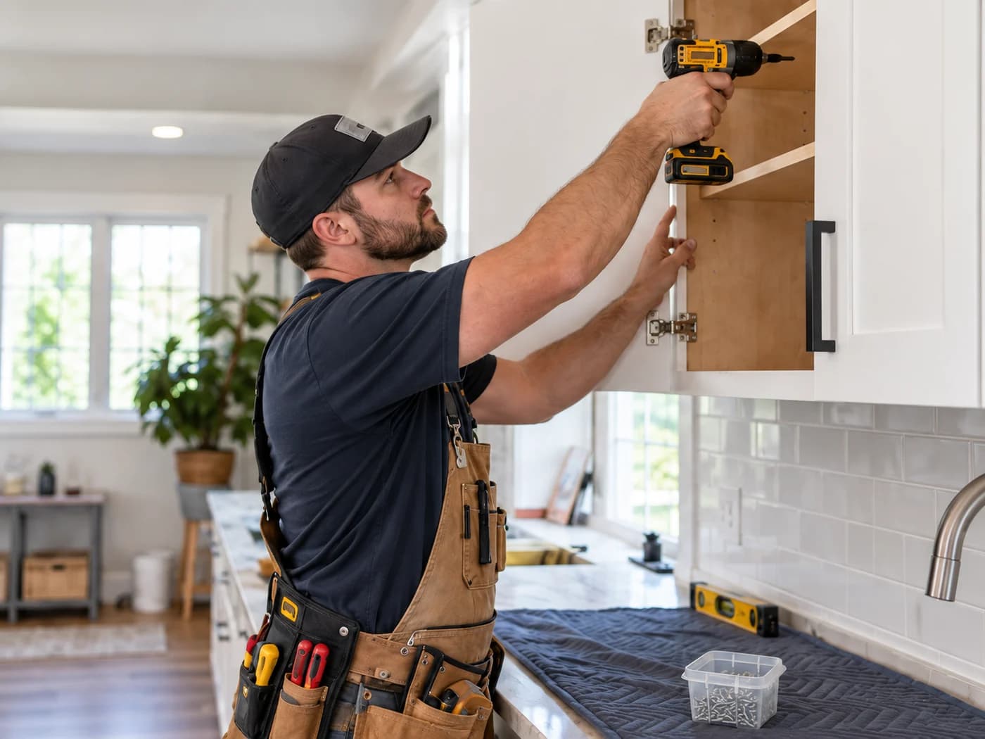 Handyman installing cabinet hardware in a bright home kitchen