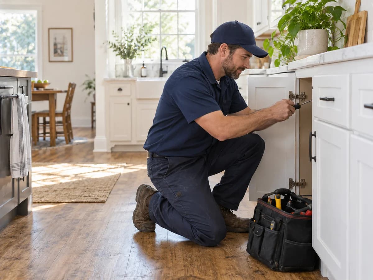 A home repair pro adjusting a cabinet hinge in a bright kitchen