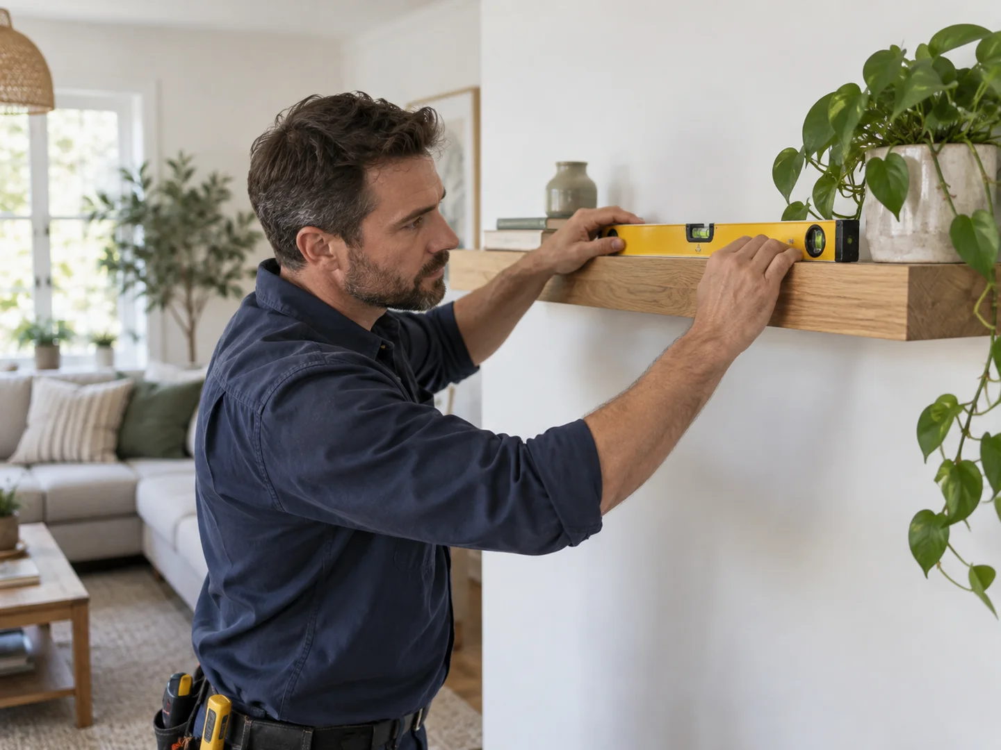 Leveling a shelf on a living room wall