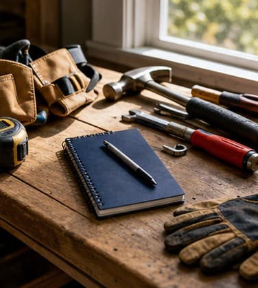 Hand tools, work gloves, and a repair notebook on a wooden workbench