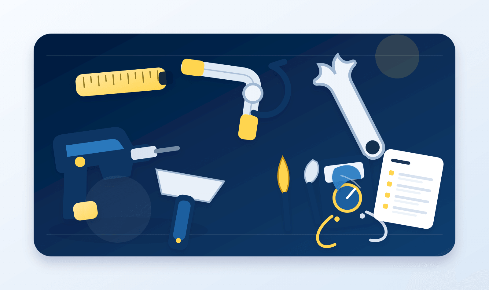 Organized handyman tools on a navy workbench